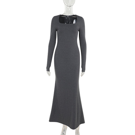 Autumn Office Slim Basic Round Neck Long Sleeved Dress Women-Gray-Fancey Boutique