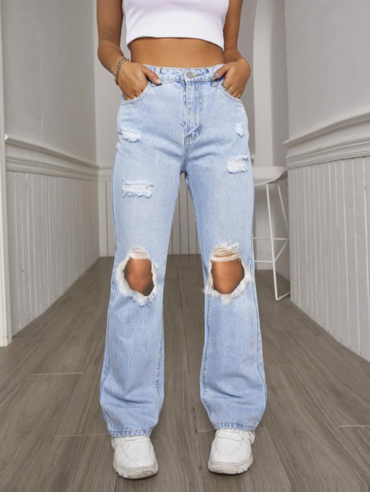 Spring Summer Holes Waist Slimming Denim Micro Pull Straight All Match Denim Trousers Women-Light Blue-Fancey Boutique