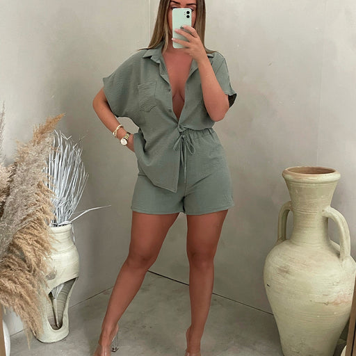 Color-Green-Latin Casual Suit Solid Color Classic Single Breasted Sleeve Shirt Elastic Waist Shorts Two Piece Set-Fancey Boutique