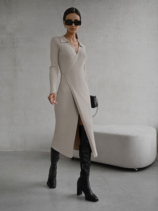 Split Strap Thread Knitted Dress Mid Length Autumn Winter Polo Collar Long Sleeve Sexy Tight Dress-Fancey Boutique