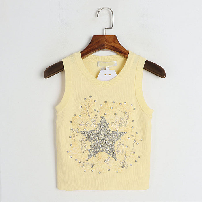 Color-Embroidered Five-Pointed Star Rhinestone Vest Bys Yellow-Round Neck Knitted Vest Early Summer Retro Five Pointed Star Rhinestone Embroidered Slim Outer Wear Women Top-Fancey Boutique