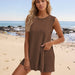 Color-Brown-Summer Loose Casual Round Neck Vest Shorts Women Suit Women-Fancey Boutique