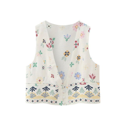Color-Top-Women Linen Printed Blended Vest Linen Printed Culottes-Fancey Boutique
