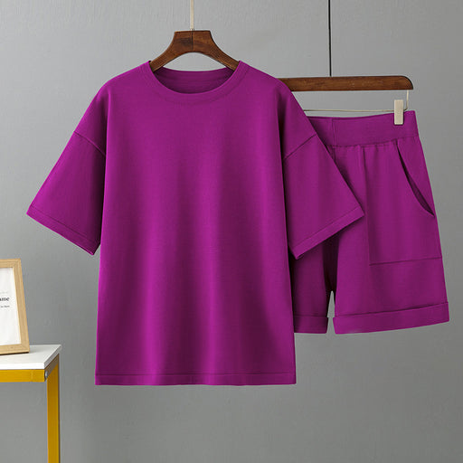 Color-Purple-Solid Color round Neck Short Sleeve T Shirt Shorts Set Women Summer Loose Outer Wear Casual Ice Silk Two Piece Suit-Fancey Boutique