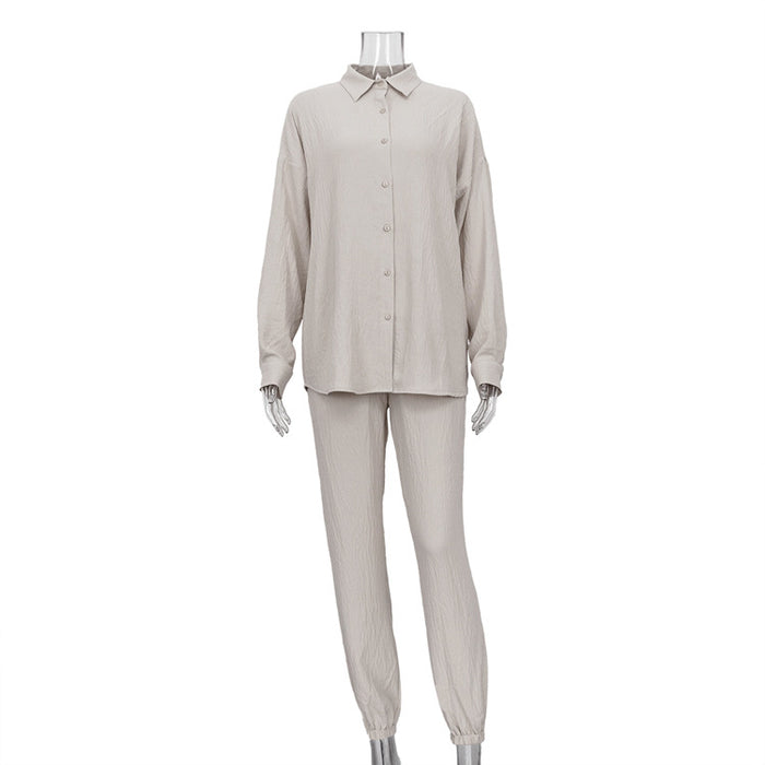 Casual Suit Solid Color Polo Collar Long Sleeve Shirt Top Pants Two-Piece Set-Fancey Boutique