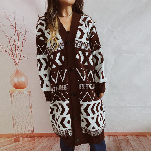 Color-Brown-Autumn Winter Women V neck Lengthened Retro Geometric Abstract Long Sleeve Single-Breasted Knitted Sweater Coat-Fancey Boutique