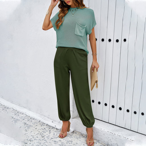 Color-Green-Women Clothing Spring Summer Casual Solid Color Woolen Trousers Set-Fancey Boutique