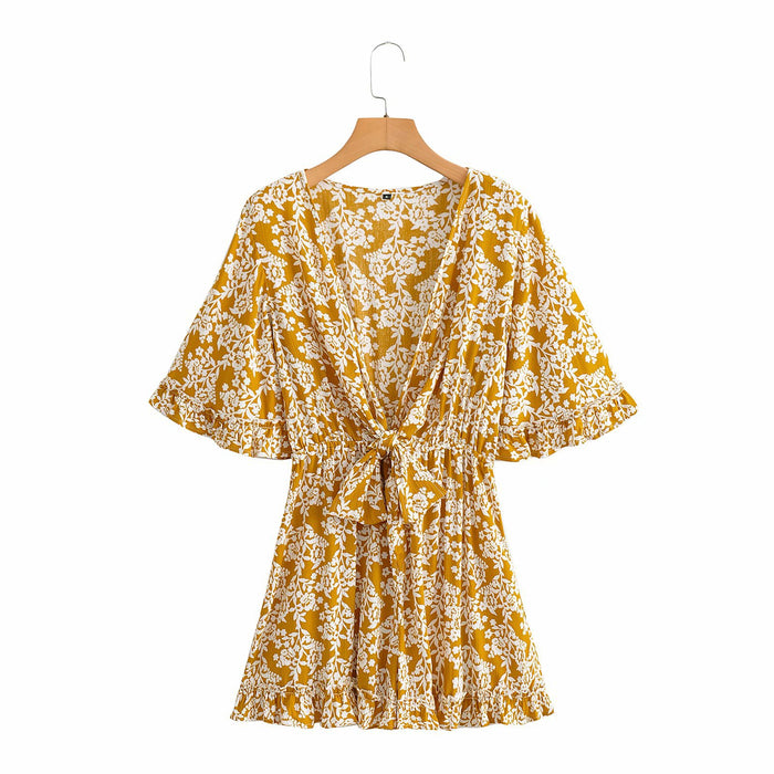 Color-Yellow Printings-Autumn Seaside Holiday Floral Print Batwing Sleeve V neck Lace up Three Color Romper-Fancey Boutique