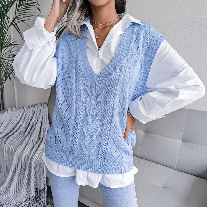 Color-Blue-Autumn Winter Cutout Twist V neck Knitted Vest Sweater Women Clothing-Fancey Boutique