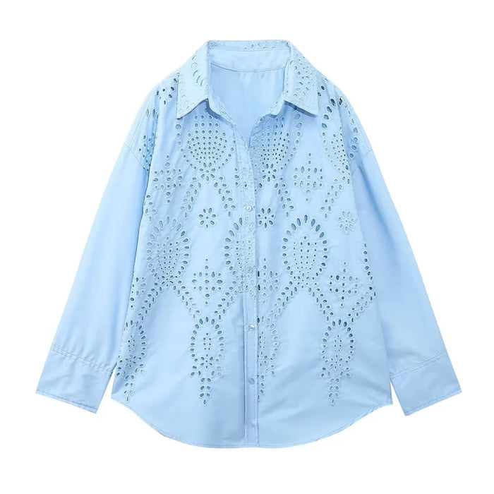 Color-Blue-Summer Women Clothing Hollow Out Cutout Embroidered Shirt-Fancey Boutique