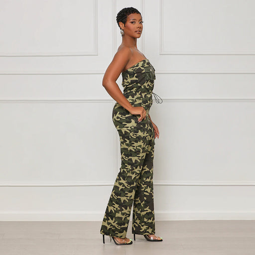 Color-Women Sexy Nightclub Off Shoulder Tube Top Elastic Waist Zipper Camouflage Jumpsuit-Fancey Boutique