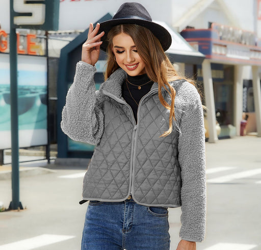 Color-Gray-Autumn Winter Women Clothing Cardigan Zipper Long Sleeve Plush Stitching Coat Women-Fancey Boutique