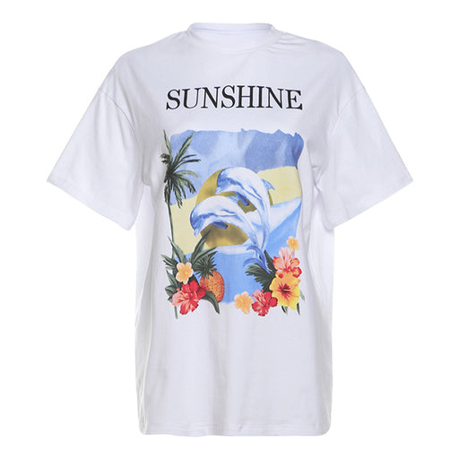 Spring Summer Women Street Hipster Casual round Neck Loose Comfortable Short Sleeve T shirt Women-White-Fancey Boutique