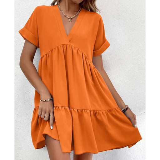 Color-Orange-Women Solid Color Loose Waist Midi Dress V neck Dress for Women-Fancey Boutique