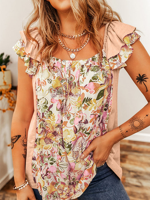 Summer Square Collar Outer Vest Floral Flounce Sleeveless Top-Dried Shrimp Powder-Fancey Boutique