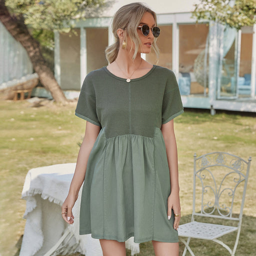 Color-Army Green-Summer Solid Color Waffle Stitching Short Sleeve A Line Top Casual Simple Loose Dress Women-Fancey Boutique