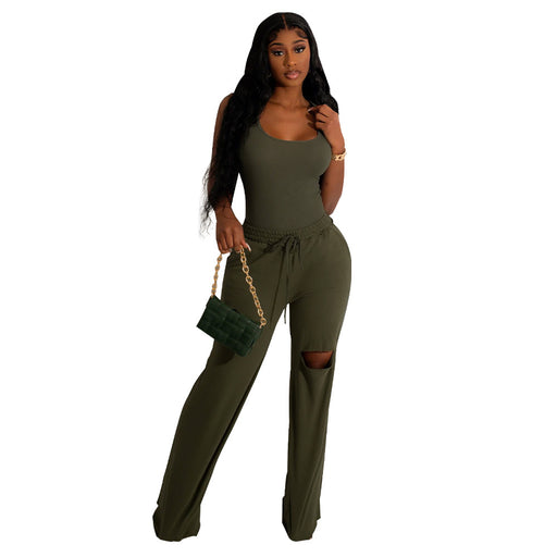 Color-Army Green-Women Clothing Solid Color U Collar Jumpsuit Ripped Wide Leg Pants Suit-Fancey Boutique