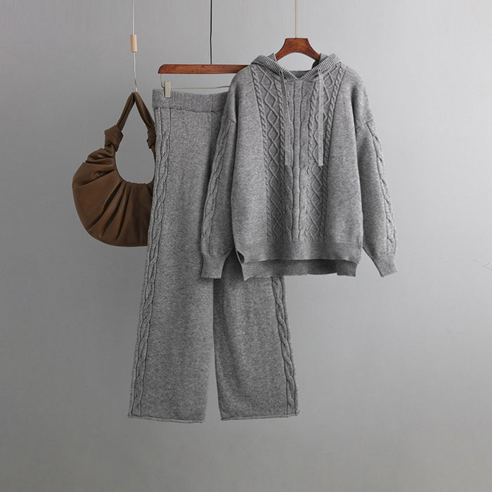 Color-Gray-Autumn Winter Suit Hoodie with Drawstrings Loose Sweater Draping Wide Leg Trousers Twist Two Piece Suit-Fancey Boutique