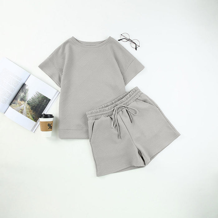 Color-Gray-Solid Color round Neck Short Sleeves T shirt Women Spring Summer Texture Fabric Shorts Suit Women-Fancey Boutique