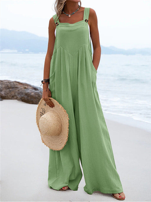 Color-Green-Summer New Women National Fashion Solid Color Buttons Sling Wide Leg Trousers Jumpsuit-Fancey Boutique