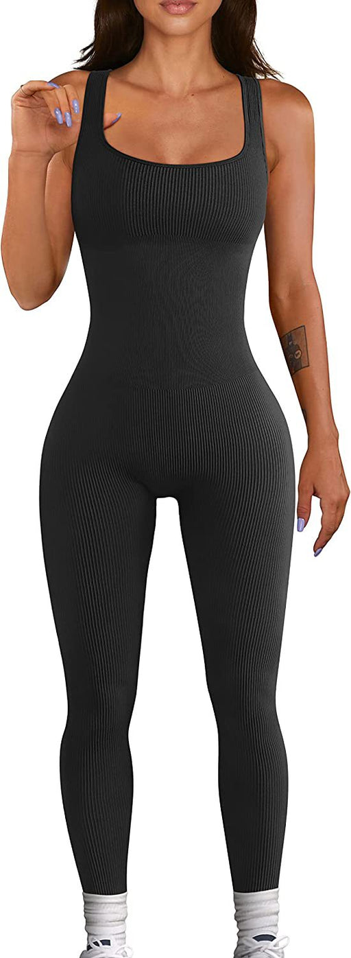 Color-Black-Summer Sexy Women Yoga Jumpsuit Ribbed Square Collar Sleeveless Sports Jumpsuit Trousers-Fancey Boutique