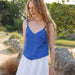 Summer Pure Linen French Vacation V neck Sleeveless Camisole Strap Design Backless Top-Blue-Fancey Boutique