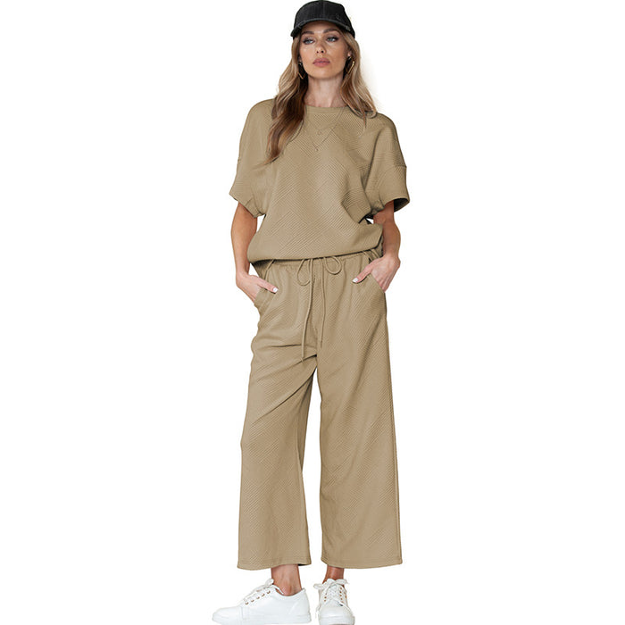 Color-khaki-Summer Solid Color Texture Casual Suit Women Thin Loose Slim Fit Drawstring Sportswear Women-Fancey Boutique