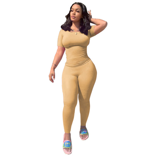 Color-Apricot-Women Clothing Sexy Casual Super Elastic Rib Tight Sports Two-Piece Set-Fancey Boutique
