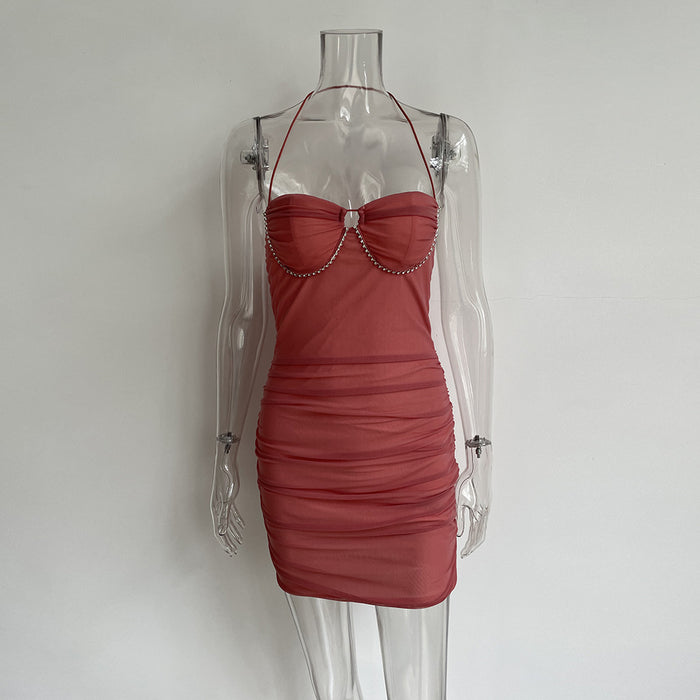 Sexy Mesh Sexy With Diamond Wrapped Chest Suspender High Waist Backless Ruffle Hip Dress-Pink-Fancey Boutique