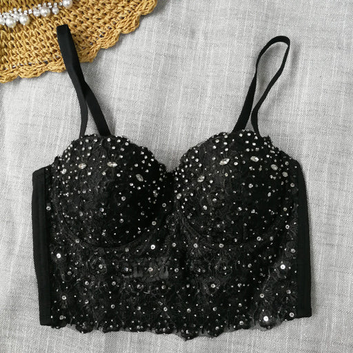 Color-Black-Lace Camisole Sexy Light Diamond Beaded Top Short Sexy Belly Dance Close Fitting Body Shaping Tube Top Free Underwear-Fancey Boutique