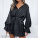 Color-Sexy Elegant Satin Flared Long Sleeve Lace up Loose Dress-Fancey Boutique