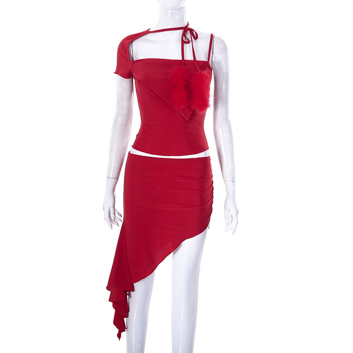 Color-Red-Sweet Spicy Solid Color Pullover Beveled Split Hip Skirt Set Women-Fancey Boutique