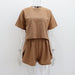 Color-Brown-Summer Waffle Casual Suit Women Short T shirt round Neck Short Sleeve Top Shorts Sexy Two Piece Suit Women-Fancey Boutique