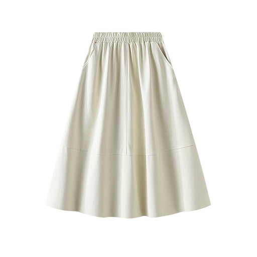 Color-White-Artificial Leather Retro Leather Skirt Mid Length Skirt Women High Waist A Line Skirt Long Skirt Elegant Umbrella Skirt-Fancey Boutique