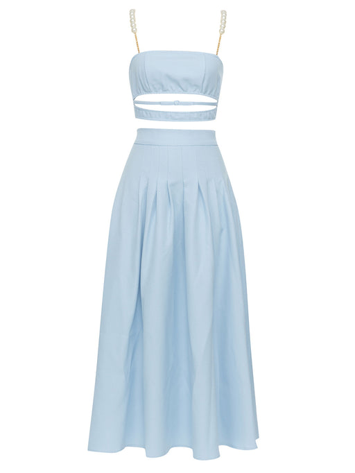 Simple Retro Spaghetti Straps Sleeveless Top Dress Women Suit-Azure-Fancey Boutique