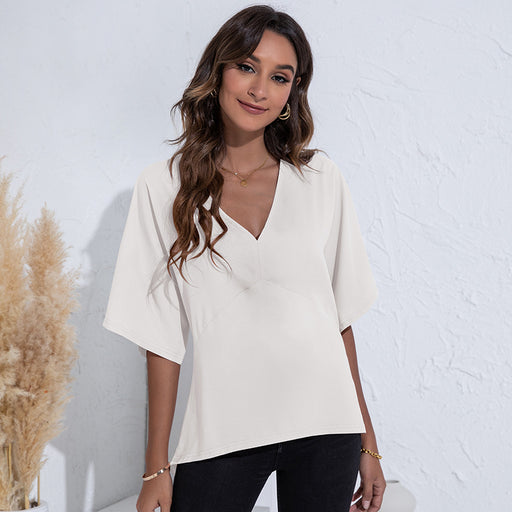 Color-White-Summer V-neck Simplicity Stitching Solid Color Top T-shirt-Fancey Boutique