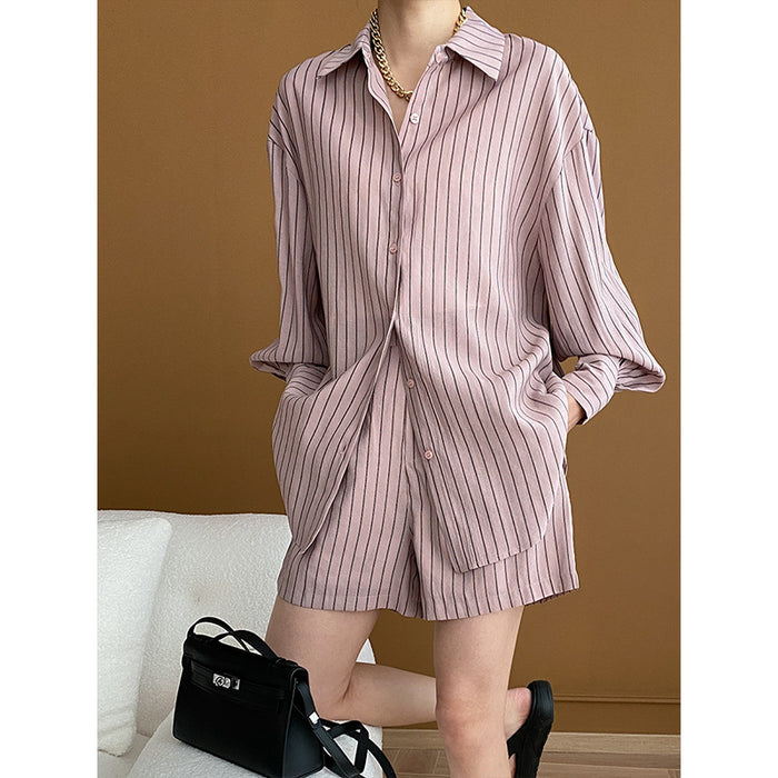 Color-Pink-Morandi French Striped Sun Protection Shirt Shorts Two Piece Suit Early Spring-Fancey Boutique