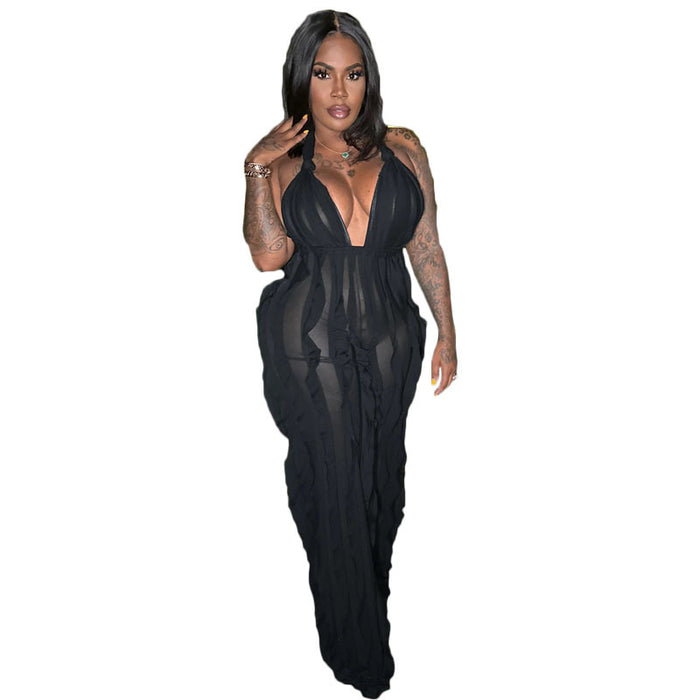 Color-Black-Women Clothing Spring Summer Wave Pattern Sexy Bandeau High Waist Jumpsuit-Fancey Boutique