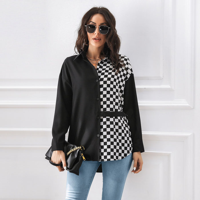 Color-Chessboard-Drawstring Patchwork Mid Length Shirt Women Shirt Long Sleeved Chiffon Top Spring Autumn Women Clothing-Fancey Boutique