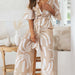 Color-Khaki-Women Printing Collared Five Quarter Sleeve Belt Long Jumpsuit-Fancey Boutique