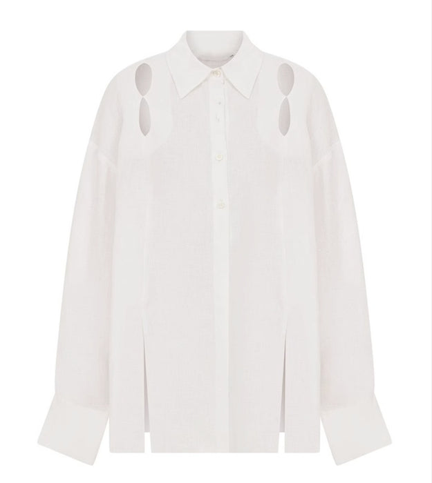 Color-White-Tencel Linen Solid Color Long Sleeved Top Niche Hollow Out Cutout Split Shirt Women Loose Shoulder Shirt-Fancey Boutique
