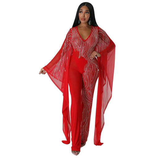 Color-Red-Autumn Winter Women lothing Sexy Mesh Rhinestone See through Jumpsuit for Women-Fancey Boutique