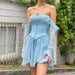 Sweet Lace Waist Dress Sexy Gentle off Neck Drawstring Irregular Asymmetric Dress-Pure blue-Fancey Boutique