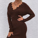 Color-Brown-Autumn Winter Wave Pattern V neck Split Sweater Dress Women-Fancey Boutique