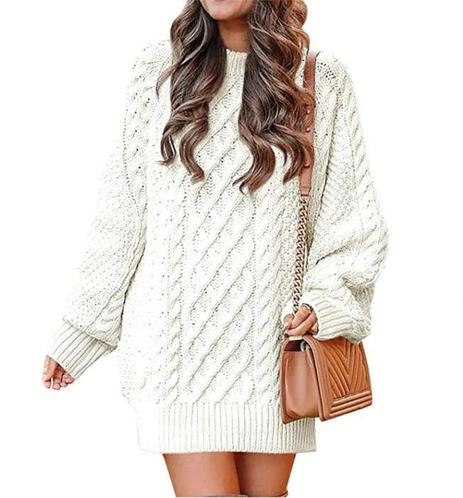 Color-White-Round Neck Long Sleeve Twisted Knitted Thick Needle Pullover Mid Length Sweater Women Dress-Fancey Boutique