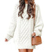 Color-White-Round Neck Long Sleeve Twisted Knitted Thick Needle Pullover Mid Length Sweater Women Dress-Fancey Boutique