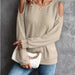 Color-Khaki-Autumn Winter Off The Shoulder Button Loose Long Sleeved T Shirt Top Women-Fancey Boutique