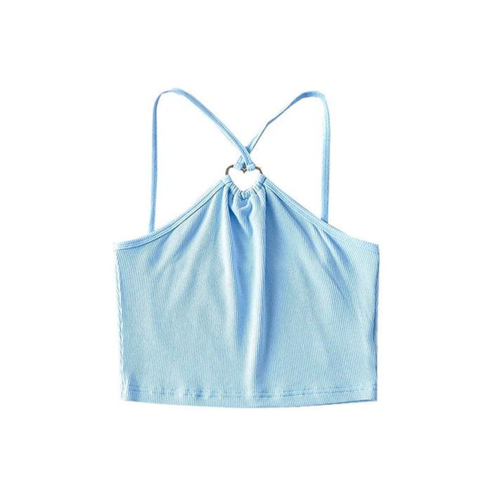 Color-Blue-Sexy to Cross Chest Hollow Out Cutout Camisole Summer Wear Slim Fit Niche Blogger Cropped Top-Fancey Boutique