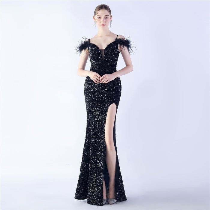 Color-Pure Black-Craft Order Ostrich Feather High Density Sequined Long Evening Dress-Fancey Boutique