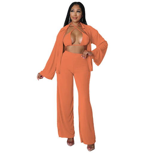 Color-Orange-Plus Size Women Clothes Nightclub Sexy Cropped Outfit Cardigan Bell Sleeve Casual Three-Piece Suit-Fancey Boutique